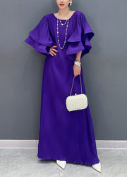 Beautiful Purple O Neck Wrinkled Long Dresses Butterfly Sleeve