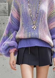 Beautiful Purple Oversized Print Thick Short Sweater Lantern Sleeve