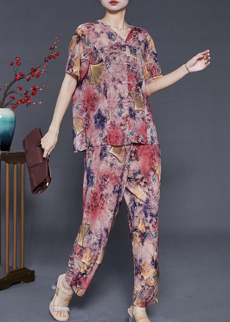 Beautiful Purple Print Chiffon Oriental Women Sets 2 Pieces Summer
