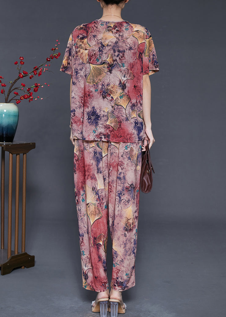 Beautiful Purple Print Chiffon Oriental Women Sets 2 Pieces Summer