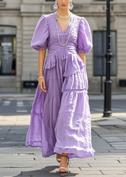 Beautiful Purple Puff Sleeve Exra Large Hem Cotton Long Dresses