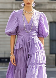 Beautiful Purple Puff Sleeve Exra Large Hem Cotton Long Dresses