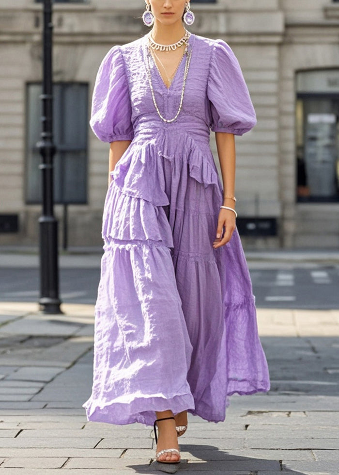 Beautiful Purple Puff Sleeve Exra Large Hem Cotton Long Dresses