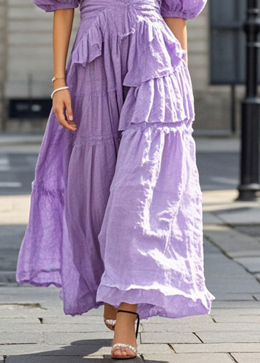 Beautiful Purple Puff Sleeve Exra Large Hem Cotton Long Dresses