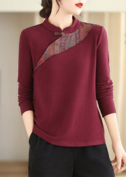 Beautiful Purple Red Stand Collar Button Cotton Blouse Tops Fall