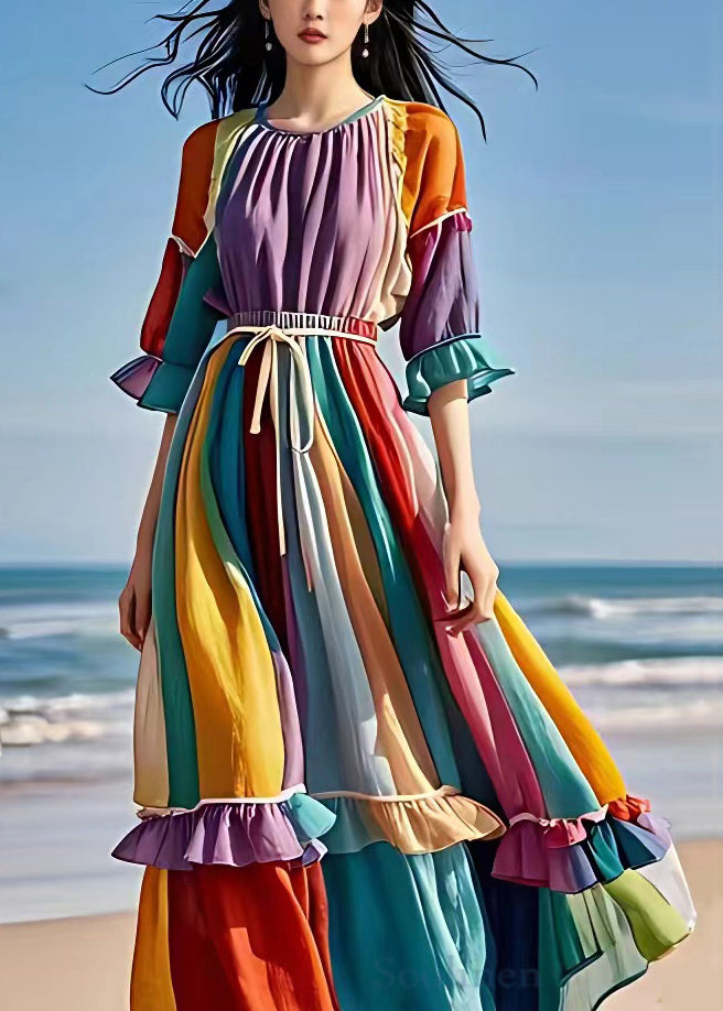 Beautiful Purple Ruffled Lace Up Patchwork Chiffon Dress Half Sleeve