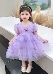 Beautiful Purple Square Collar Floral Solid Tulle Long Dresses Summer