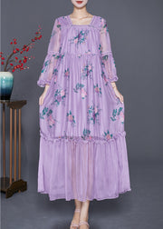 Beautiful Purple Square Collar Patchwork Ruffled Silk Dresses Summer