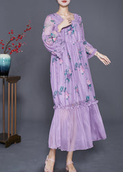 Beautiful Purple Square Collar Patchwork Ruffled Silk Dresses Summer