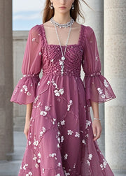 Beautiful Purple Square Collar Print Chiffon Holiday Dress Summer