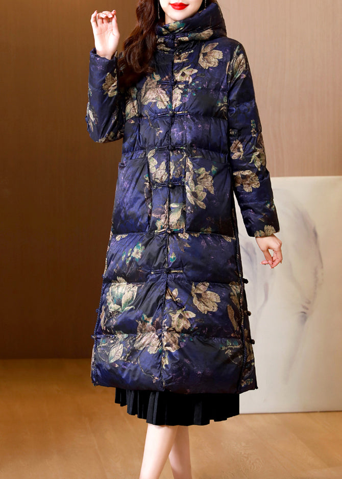 Beautiful Purple Stand Collar Print Chinese Button Duck Down Puffer Coat Winter