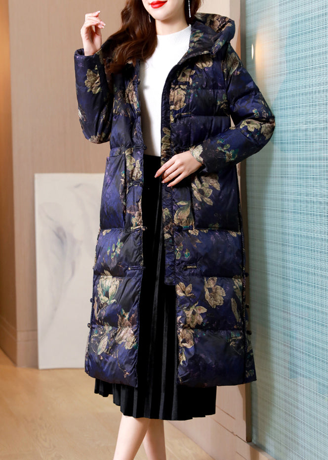 Beautiful Purple Stand Collar Print Chinese Button Duck Down Puffer Coat Winter