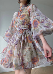 Beautiful Purple Stand Collar Wrinkled Print Silk Maxi Dresses Lantern Sleeve