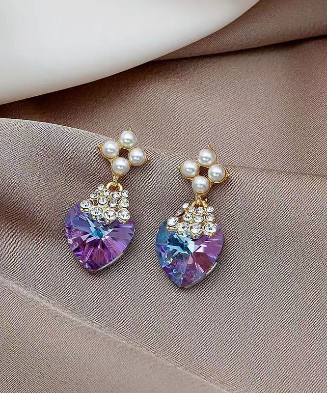 Beautiful Purple Sterling Silver Inlaid Zircon Crystal Pearl Love Drop Earrings