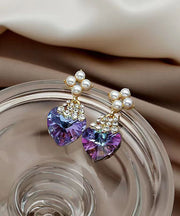 Beautiful Purple Sterling Silver Inlaid Zircon Crystal Pearl Love Drop Earrings