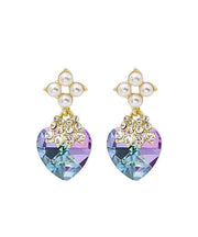 Beautiful Purple Sterling Silver Inlaid Zircon Crystal Pearl Love Drop Earrings