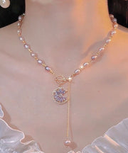 Beautiful Purple Sterling Silver Overgild Zircon Pearl Tassel Lariat Necklace