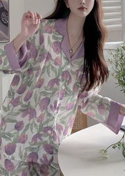 Beautiful Purple Tulip Print Button Ice Silk Pajamas Two Pieces Set Spring