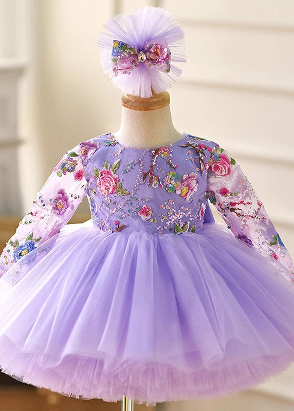 Beautiful Purple Tulle Patchwork Patch Girls Long Dress Spring