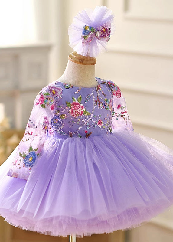 Beautiful Purple Tulle Patchwork Patch Girls Long Dress Spring