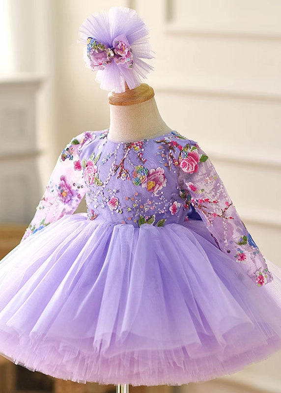 Beautiful Purple Tulle Patchwork Patch Girls Long Dress Spring