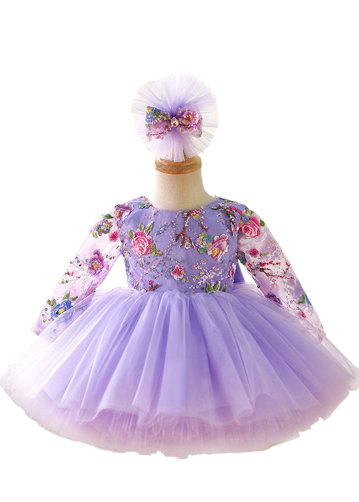 Beautiful Purple Tulle Patchwork Patch Girls Long Dress Spring