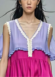 Beautiful Purple V Neck Patchwork Side Open Cotton Robe Dresses Summer