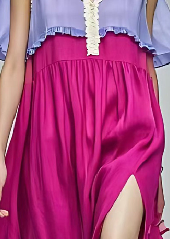 Beautiful Purple V Neck Patchwork Side Open Cotton Robe Dresses Summer