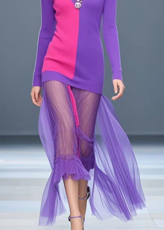 Beautiful Purple V Neck Patchwork Tulle Knitwear Dress Fall