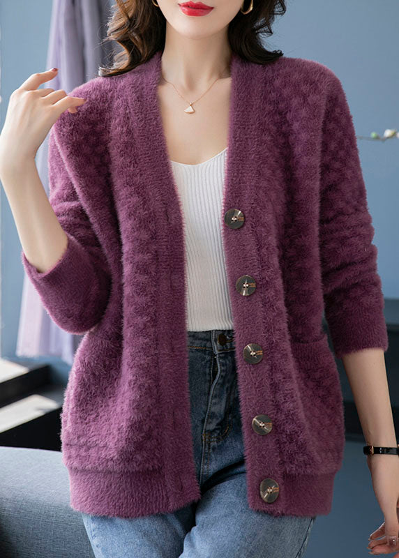 Beautiful Purple V Neck Pockets Patchwork Mink Hair Knitted Coats Fall