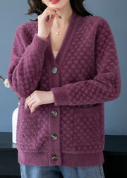 Beautiful Purple V Neck Pockets Patchwork Mink Hair Knitted Coats Fall