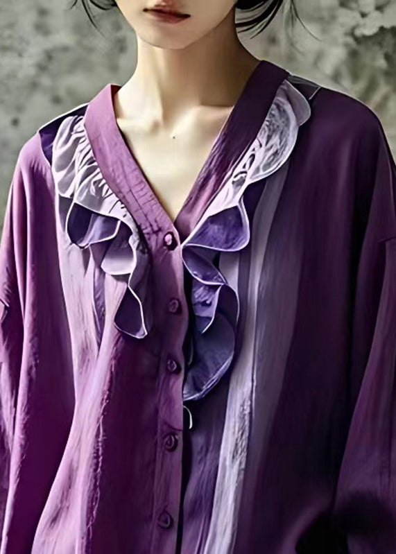 Beautiful Purple V Neck Ruffled Patchwork Shirt Fall