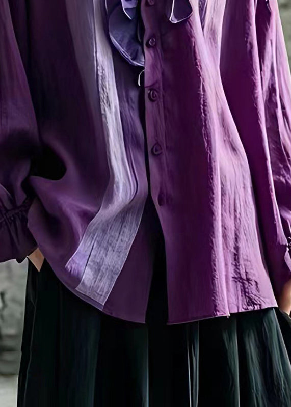 Beautiful Purple V Neck Ruffled Patchwork Shirt Fall