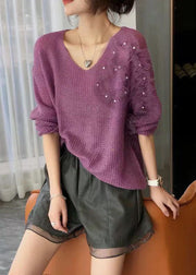 Beautiful Purple V Neck Ruffled Tulle Patchwork Nail Bead Knitted Tops Long Sleeve