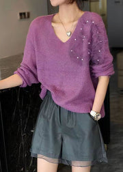 Beautiful Purple V Neck Ruffled Tulle Patchwork Nail Bead Knitted Tops Long Sleeve