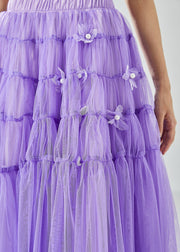 Beautiful Purple Wrinkled Patchwork Pearl Tulle Skirts Summer