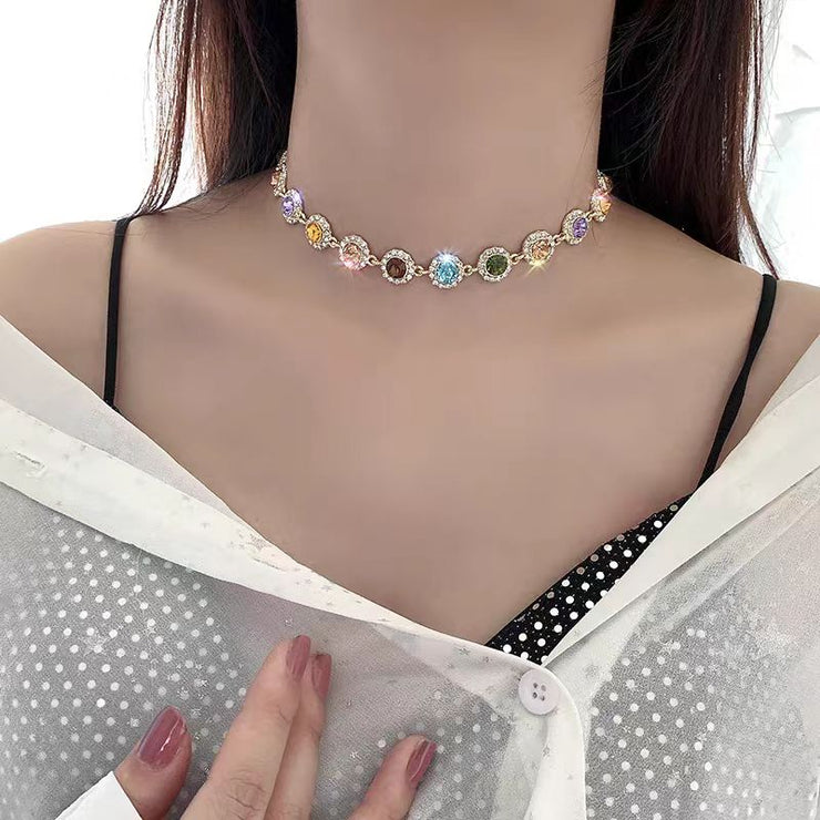 Beautiful Rainbow Alloy Zircon Tassel Collar Necklace