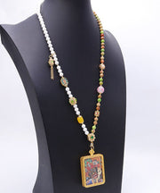 Beautiful Rainbow Chalcedony Beeswax Crystal Beading Pendant Necklace