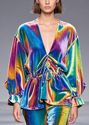 Beautiful Rainbow Cinched Silk Velour Shirt Spring