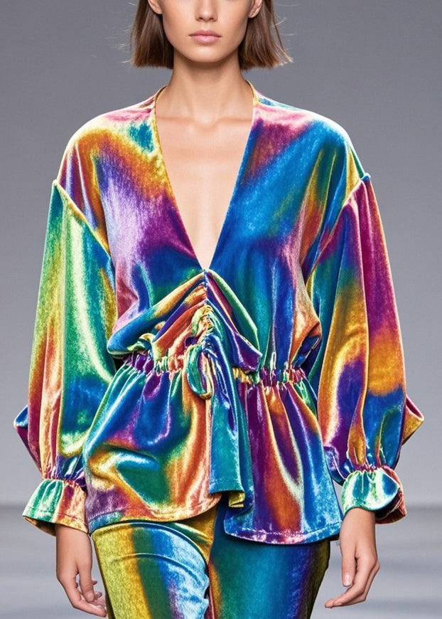 Beautiful Rainbow Cinched Silk Velour Shirt Fall