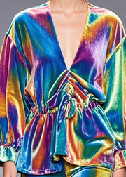 Beautiful Rainbow Cinched Silk Velour Shirt Spring