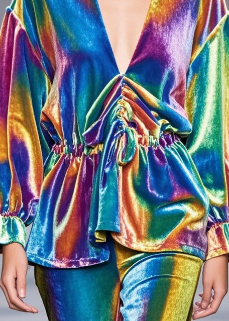 Beautiful Rainbow Cinched Silk Velour Shirt Spring