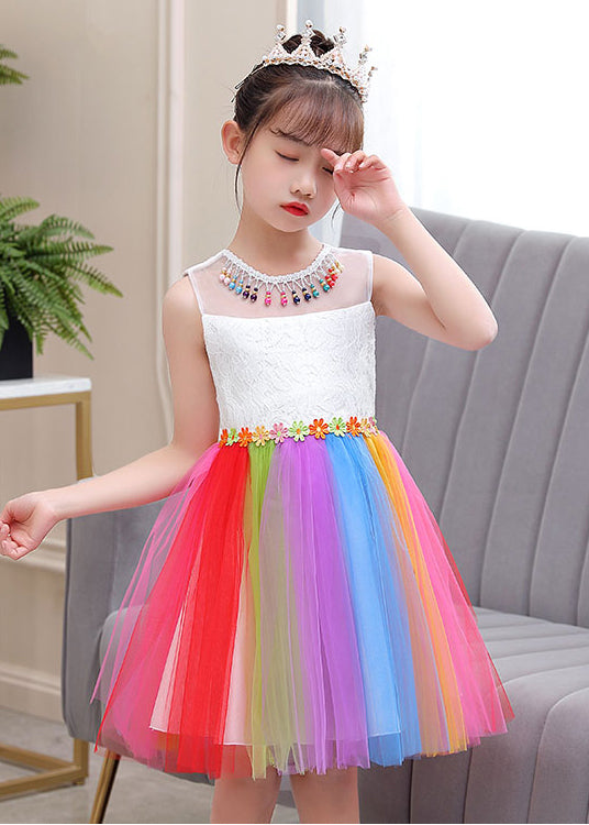 Beautiful Rainbow Daisy Tassel Tulle Kids Girls Dress Summer