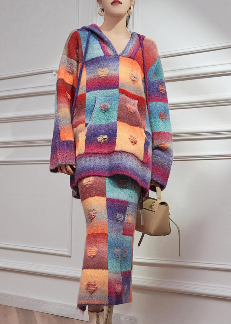 Beautiful Rainbow Hole Hooded Sweaters And Maxi Skirts Knitted Cotton Thread Two Pieces Set Spring