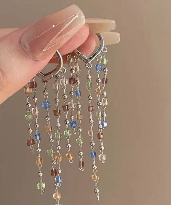 Beautiful Rainbow Metal Crystal Block Tassel Drop Earrings