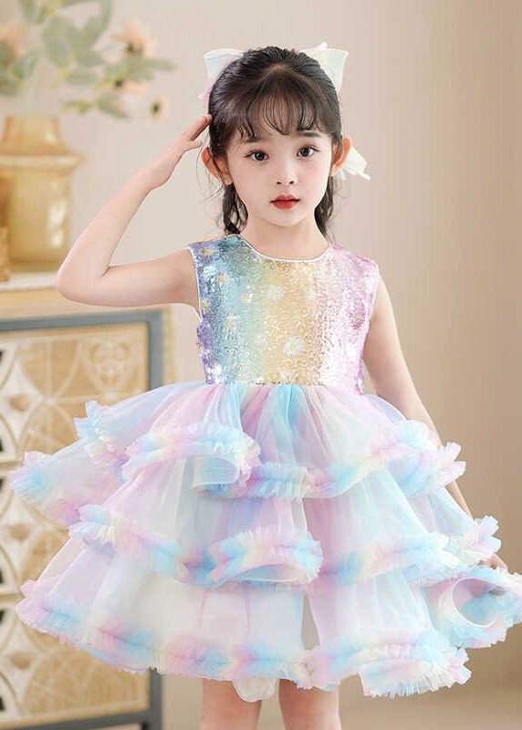 Beautiful Rainbow O-Neck Tulle Kids Maxi Dress Sleeveless