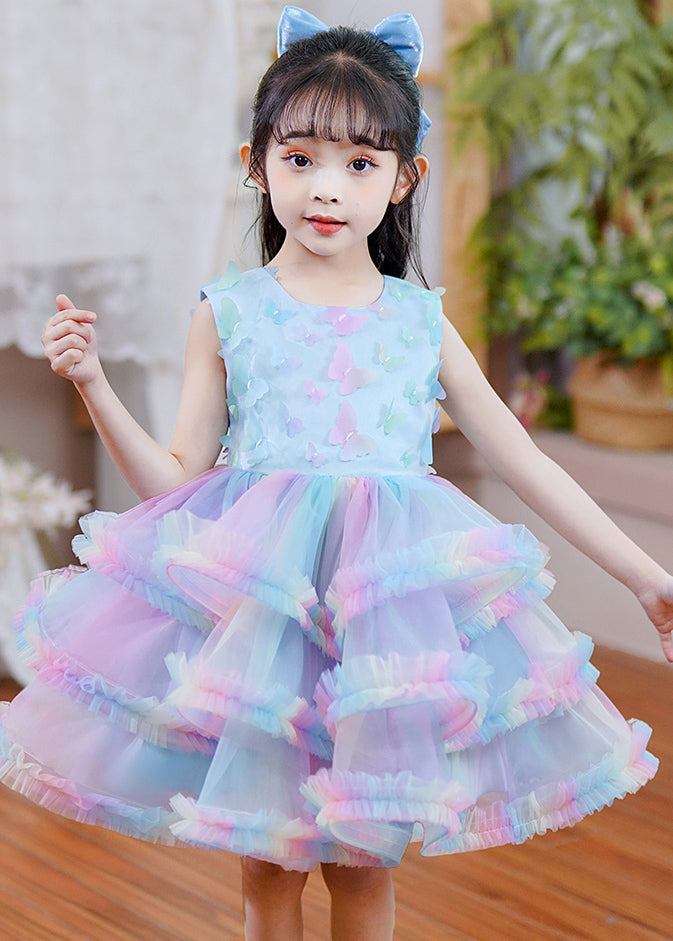 Beautiful Rainbow O-Neck Tulle Kids Maxi Dress Sleeveless