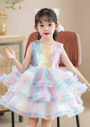 Beautiful Rainbow O-Neck Tulle Kids Maxi Dress Sleeveless