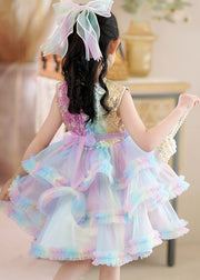 Beautiful Rainbow O-Neck Tulle Kids Maxi Dress Sleeveless