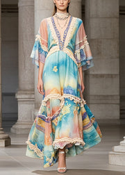 Beautiful Rainbow Ruffled Patchwork Chiffon Maxi Dress Summer